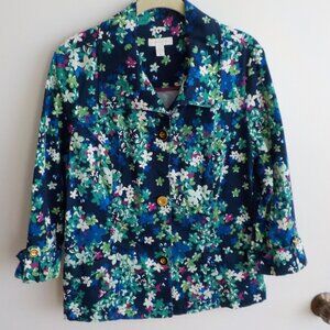 Charter Club Women Jacket - Flower - Large - 3/4 Sleeve - Blue/Green - Button Up